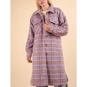 New In Plaid Button Front Long Coat Purple Plaid Size Large NWT Stylish Warm
